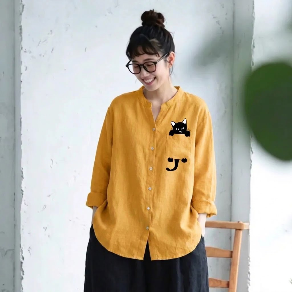 S-3XL 綿麻 Vネック 長袖 プリント 動物柄 カジュアル シャツ 3XL イエロー