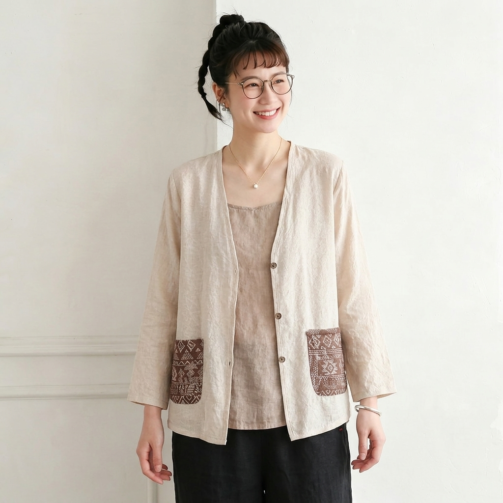 M-3XL 春夏向け UV 対策 薄手コットンリネンカーディガン 刺繍デザイン M アイボリー