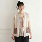 M-3XL 春夏向け UV 対策 薄手コットンリネンカーディガン 刺繍デザイン M アイボリー