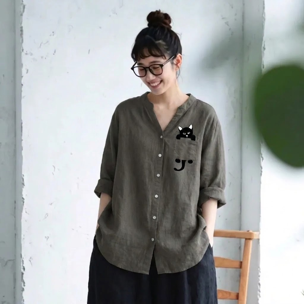 S-3XL 綿麻 Vネック 長袖 プリント 動物柄 カジュアル シャツ 3XL グレー