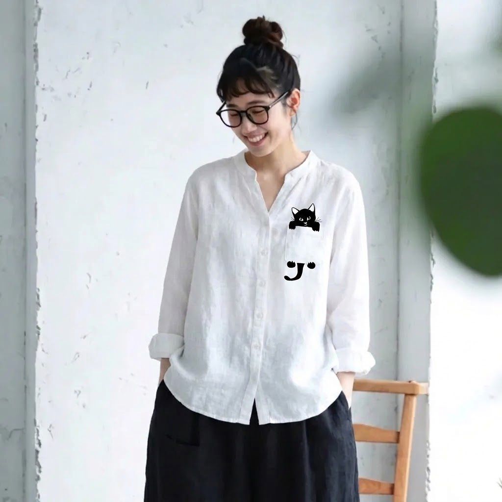 S-3XL 綿麻 Vネック 長袖 プリント 動物柄 カジュアル シャツ 3XL ホワイト