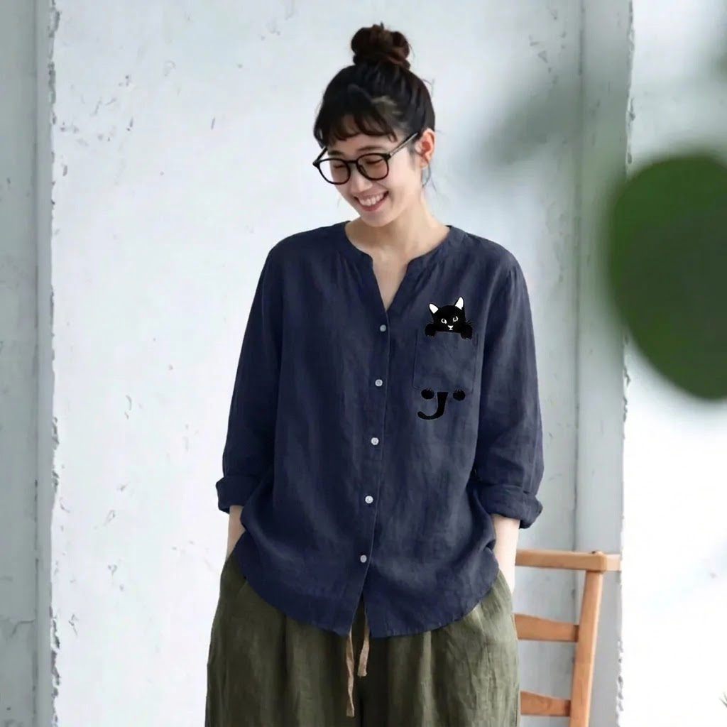 S-3XL 綿麻 Vネック 長袖 プリント 動物柄 カジュアル シャツ S ブルー