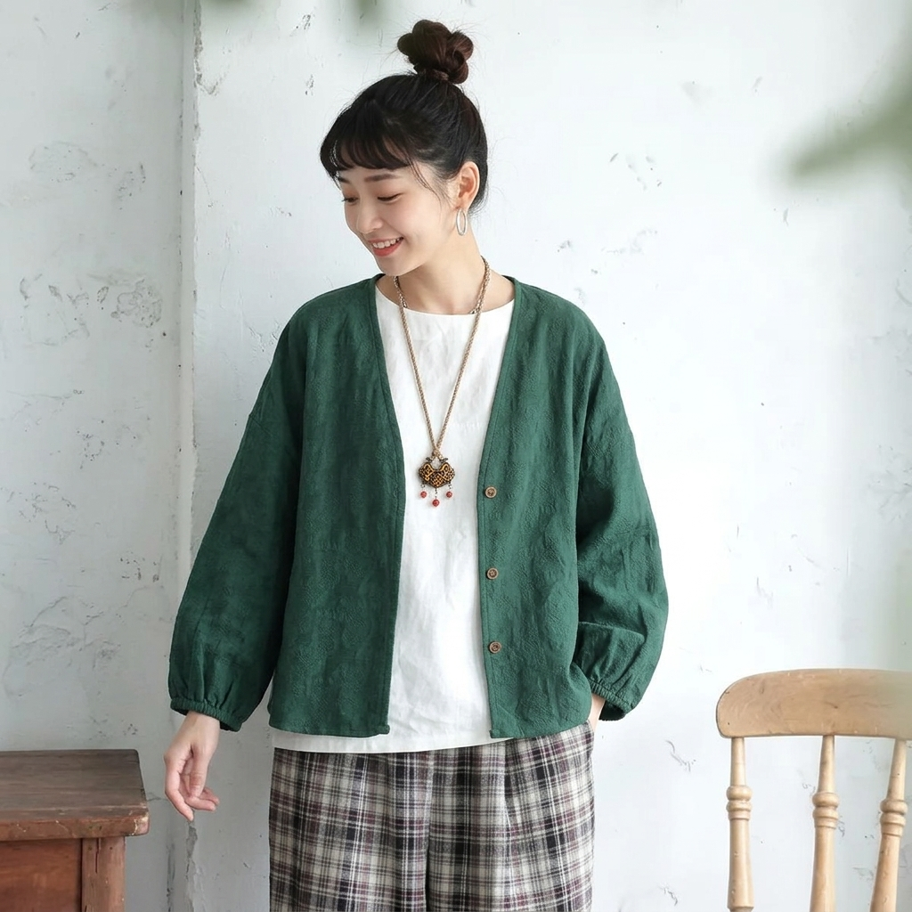 M-3XL 無地 長袖 カジュアル ボタン レトロ カーディガン 3XL ダークグリーン