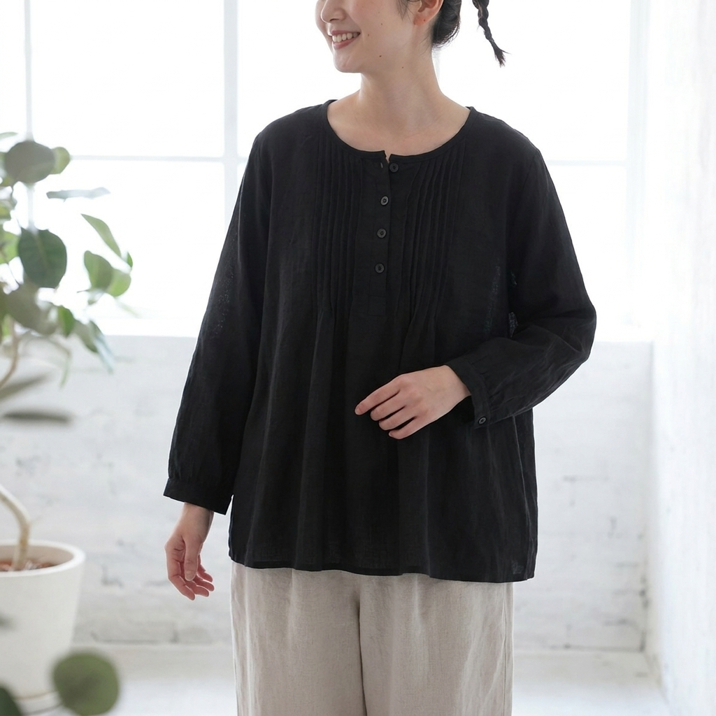 M-6L 綿麻 ボタン プリーツ ラウンドネック 長袖 シャツ 5XL ブラック