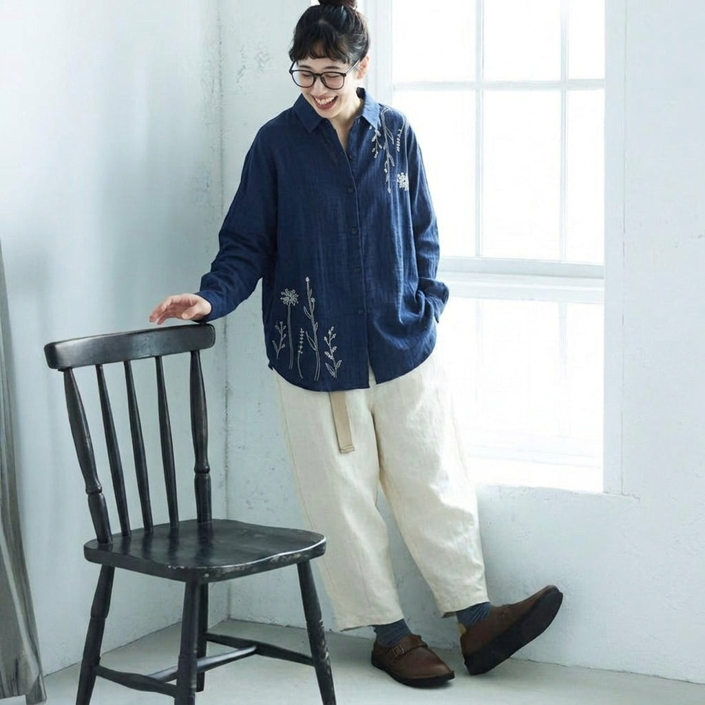着回しM-3XL レトロ 刺繍 襟付き ロングスリーブ カジュアル きれいめ シャツ 3XL ネイビー