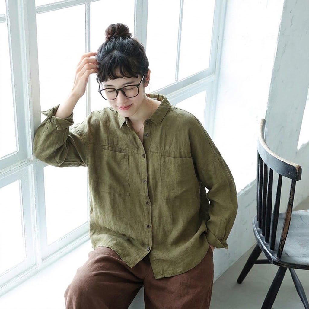 M-2XL 襟付き ロング丈 ゆったり 着回し 大人のナチュラル シャツ M コーヒー