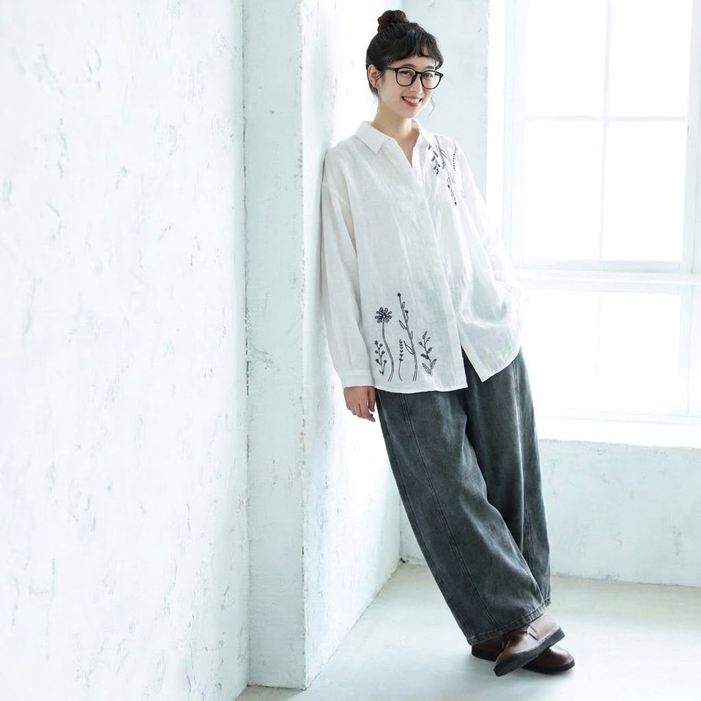 着回しM-3XL レトロ 刺繍 襟付き ロングスリーブ カジュアル きれいめ シャツ 3XL ホワイト