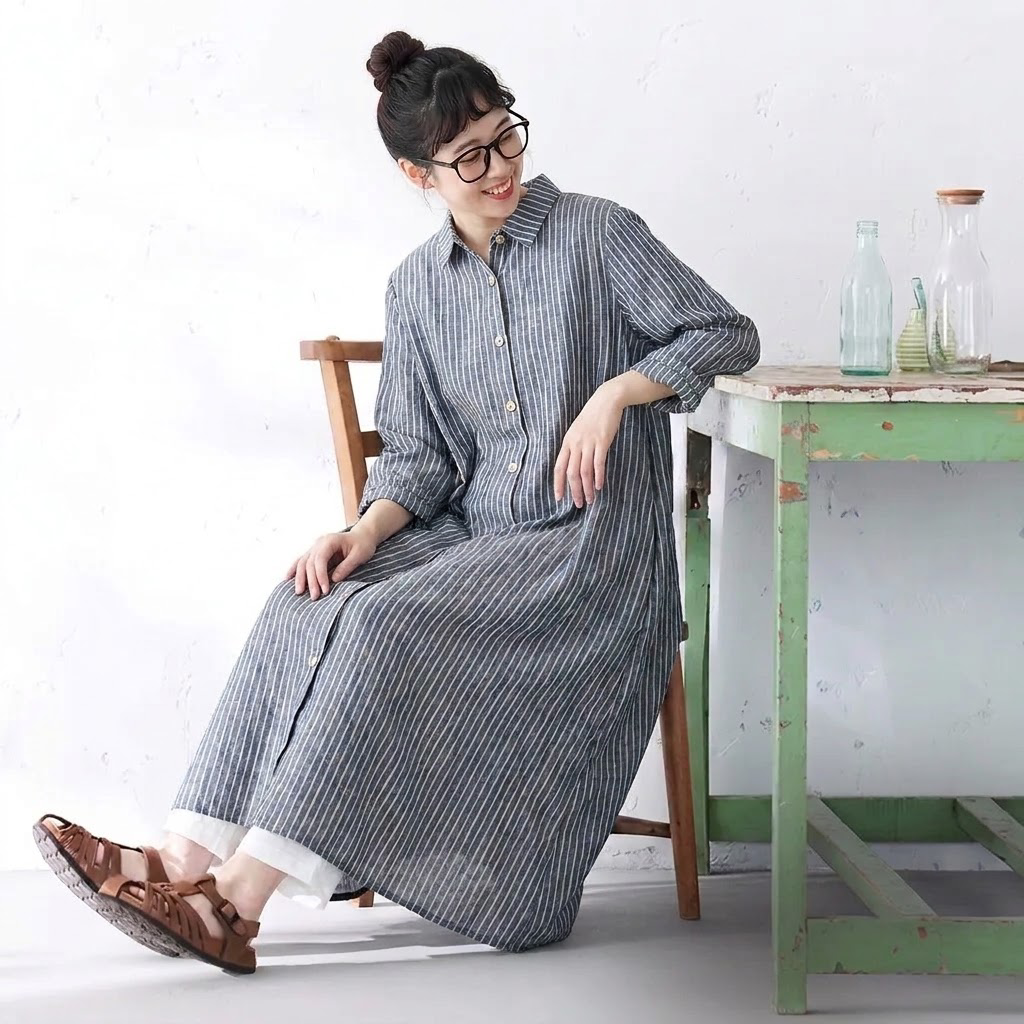 M-2XL レトロ ポロ襟 ストライプ柄 ロング丈 ゆったり 着回し シャツワンピース M ブルー