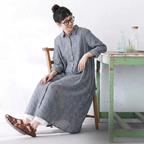 M-2XL レトロ ポロ襟 ストライプ柄 ロング丈 ゆったり 着回し シャツワンピース M ブルー