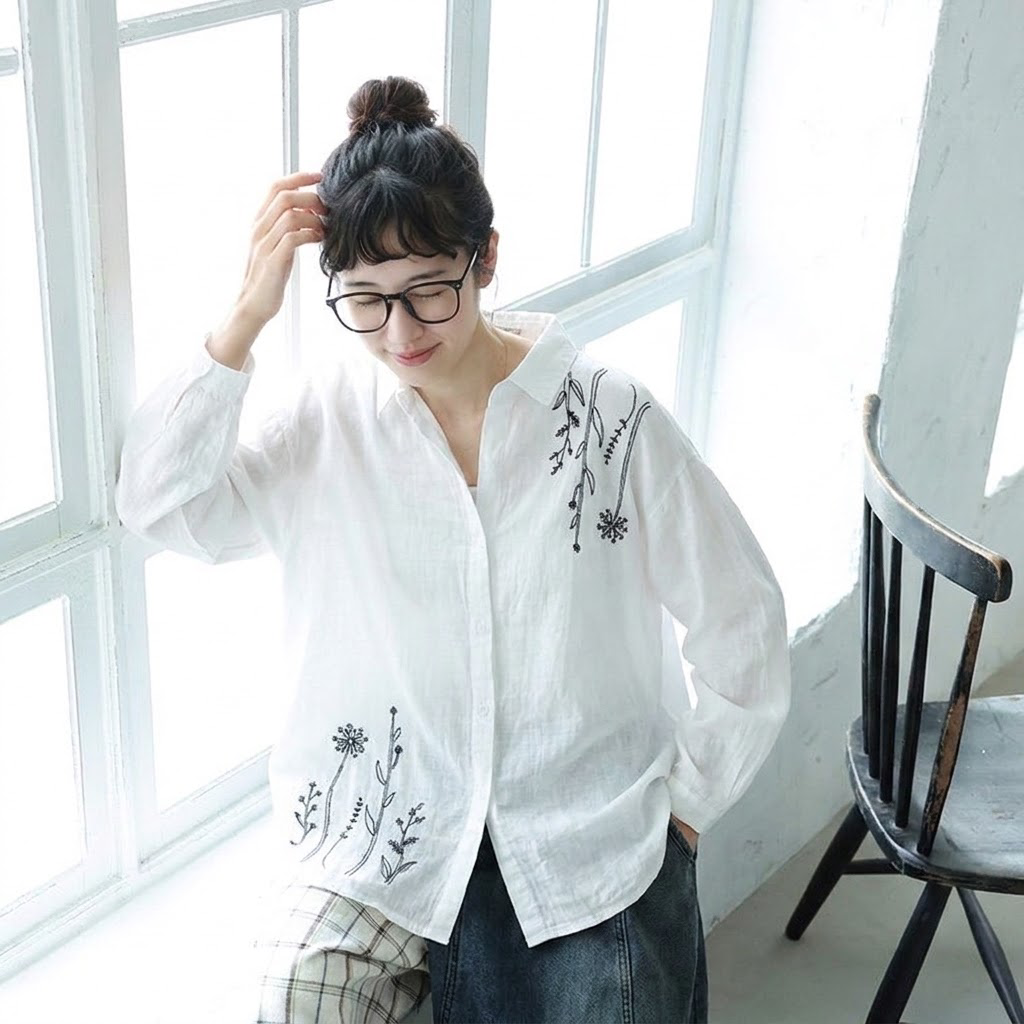 着回しM-3XL レトロ 刺繍 襟付き ロングスリーブ カジュアル きれいめ シャツ M ホワイト