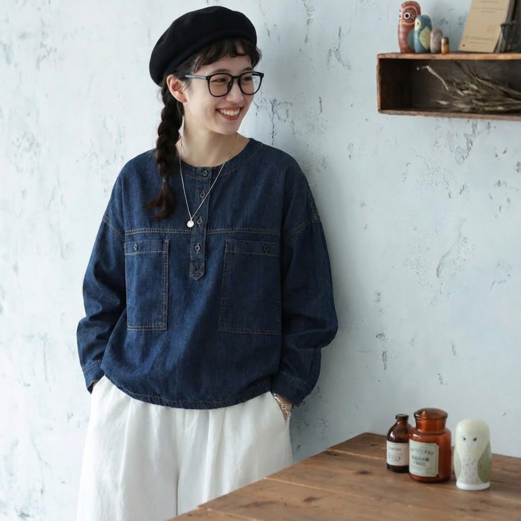 【ゆったり】S-XL 大人可愛い 長袖 無地 シンプル ボタン レトロ シャツ S ブルー