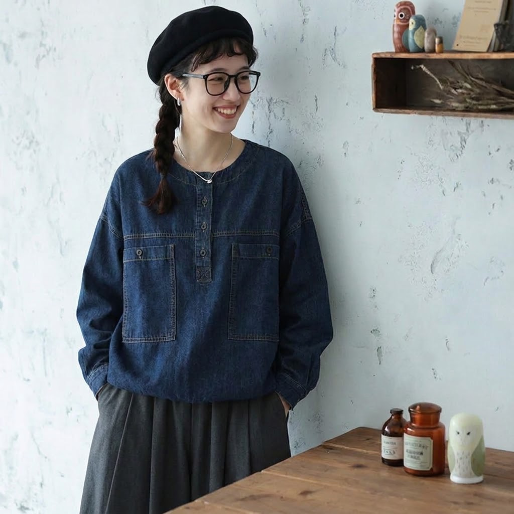 【ゆったり】S-XL 大人可愛い 長袖 無地 シンプル ボタン レトロ シャツ XL ブルー