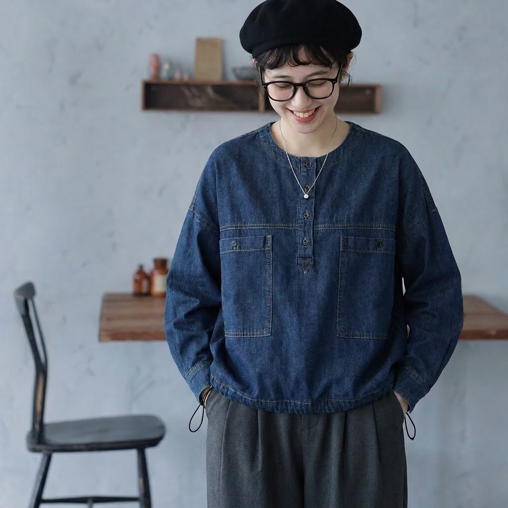 【ゆったり】S-XL 大人可愛い 長袖 無地 シンプル ボタン レトロ シャツ S ブルー