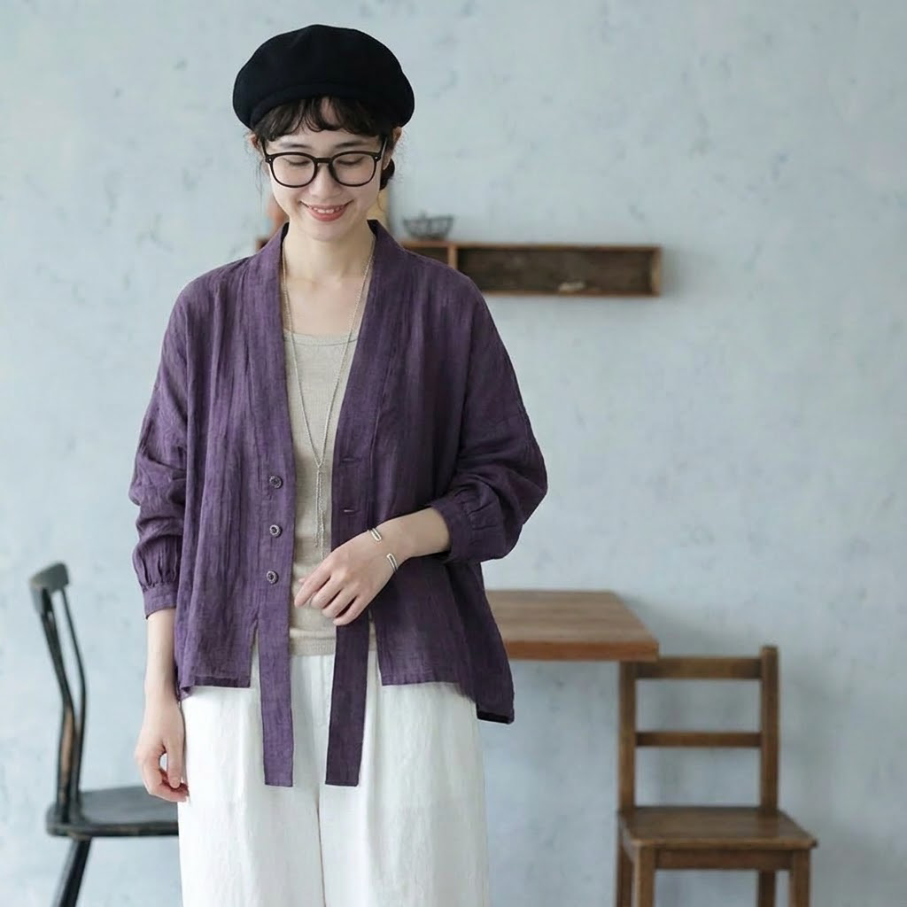 【ナチュラル】M-2XL 季節の変わり目 ボタン 上品見え 耐久性 秋色 無地 シャツ M パープル