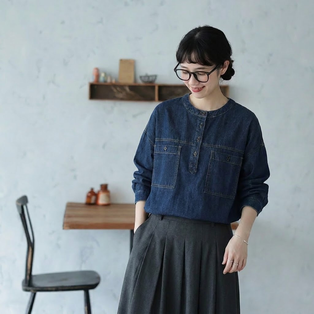 【ゆったり】S-XL 大人可愛い 長袖 無地 シンプル ボタン レトロ シャツ S ブルー