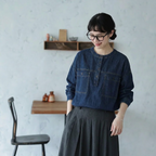 【ゆったり】S-XL 大人可愛い 長袖 無地 シンプル ボタン レトロ シャツ S ブルー