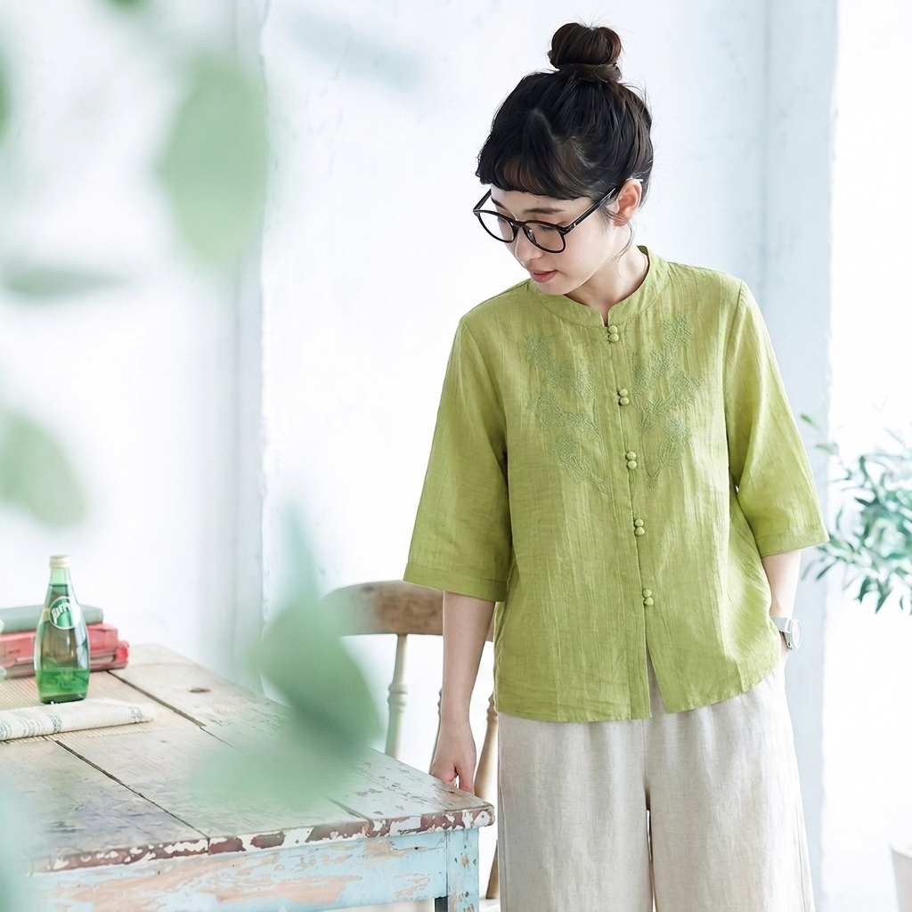 雑誌に掲載されたM-2XL 五分袖 花模様 刺繍 植物 カジュアルシャツ パンツ 2XL グリーントップス