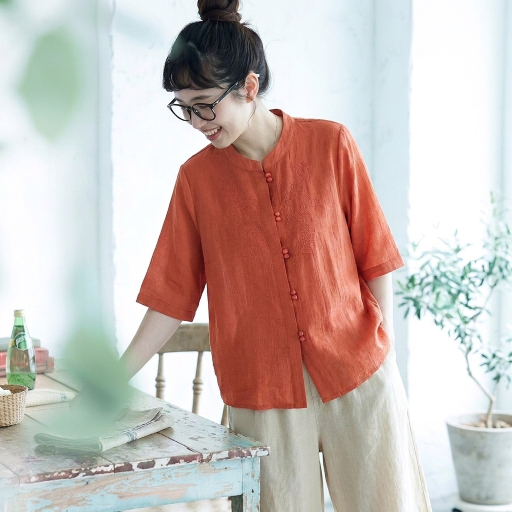雑誌に掲載されたM-2XL 五分袖 花模様 刺繍 植物 カジュアルシャツ パンツ 2XL レッドトップス