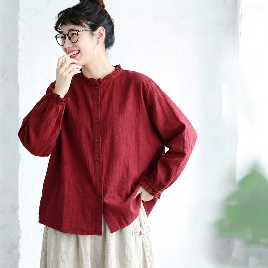 M-L 抜け感たっぷり 大人のダブルガーゼブラウス L レッド