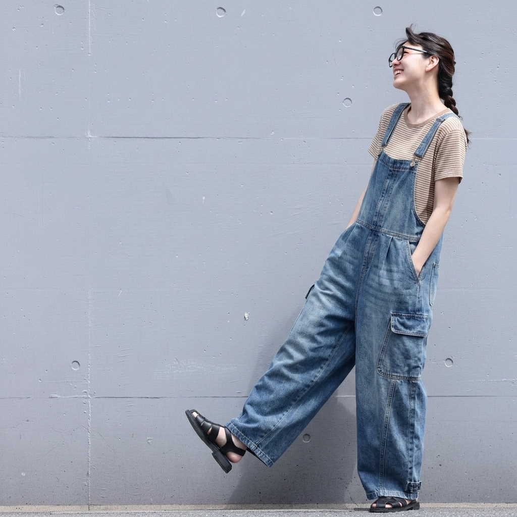 S-2XL ロング丈 ポケット付き ルーズシルエット 体型カバー 若見え 合わせやすい レトロ サロペット S ブルー