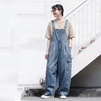 S-2XL ロング丈 ポケット付き ルーズシルエット 体型カバー 若見え 合わせやすい レトロ サロペット S ブルー