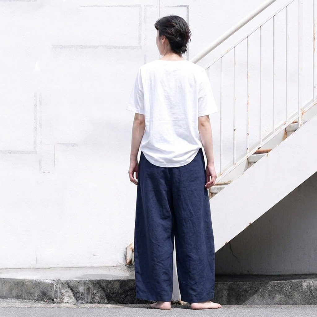 L-XL 無地 ポケット付き ボタン アンクル丈（9分丈） スリム効果 シンプル カジュアルパンツ L ネイビー
