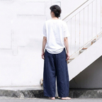 L-XL 無地 ポケット付き ボタン アンクル丈（9分丈） スリム効果 シンプル カジュアルパンツ L ネイビー