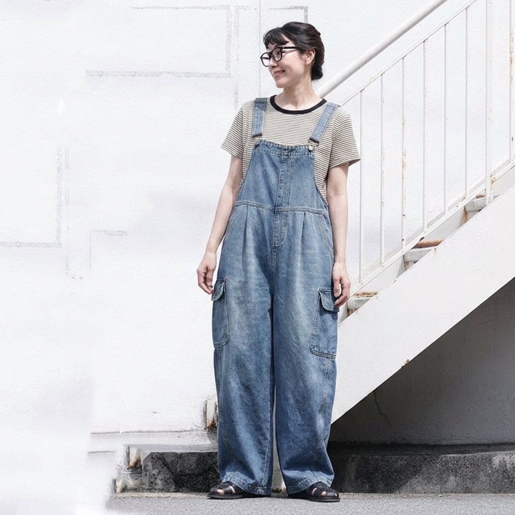 S-2XL ロング丈 ポケット付き ルーズシルエット 体型カバー 若見え 合わせやすい レトロ サロペット 2XL ブルー