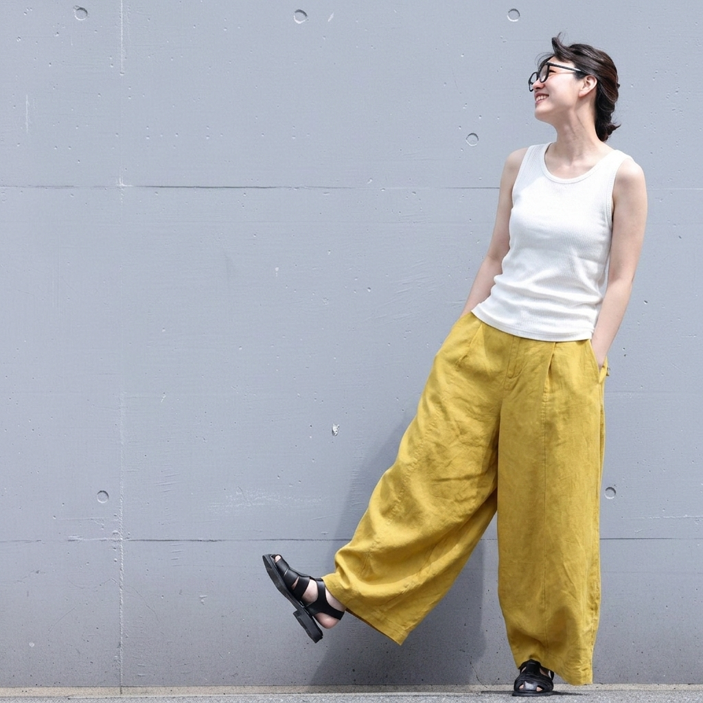 L-XL 無地 ポケット付き ボタン アンクル丈（9分丈） スリム効果 シンプル カジュアルパンツ XL レモンイエロー