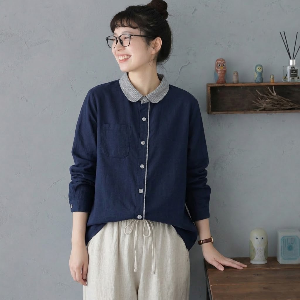 SML きれいめ 肌寒い日向け 体型カバー ロングスリーブ シャツ L ネイビー