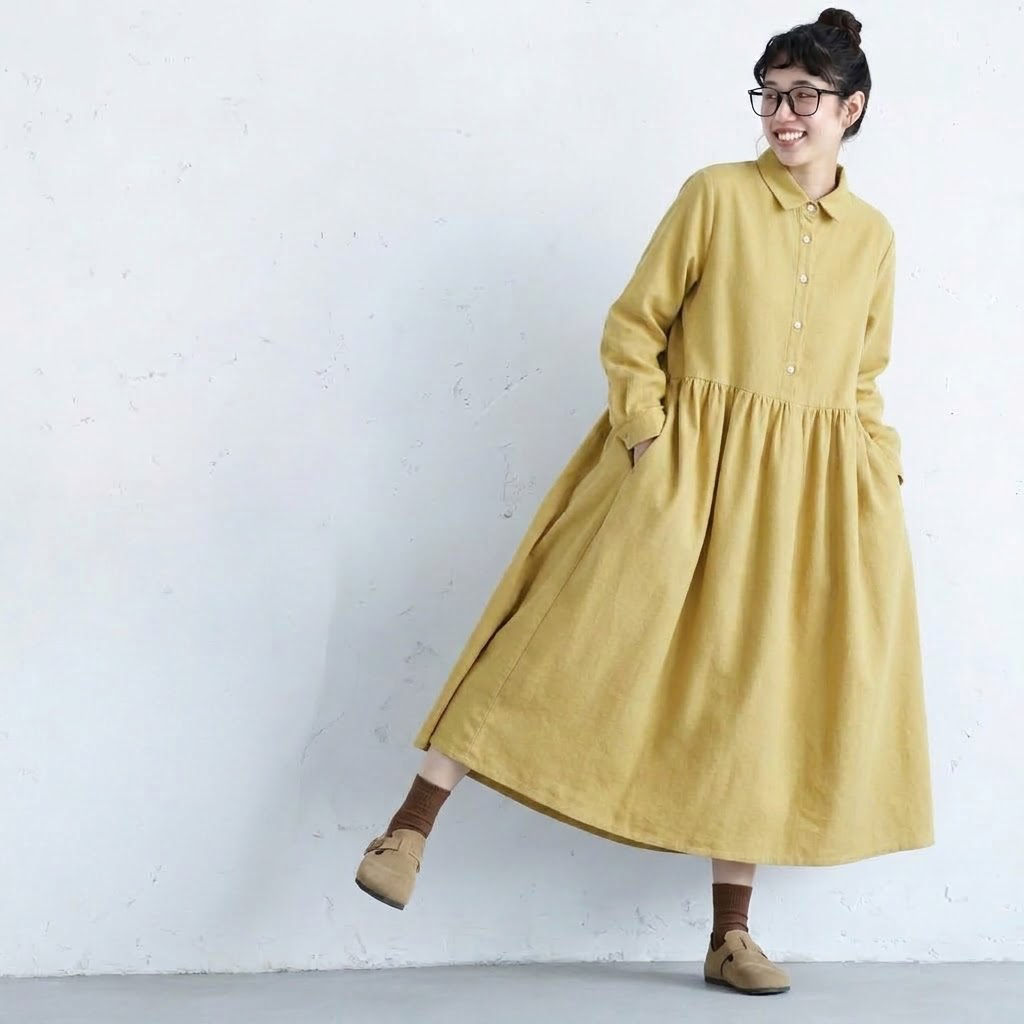 M-2XL 綿混 長袖 シンプル 森ガールワンピース M ネイビー