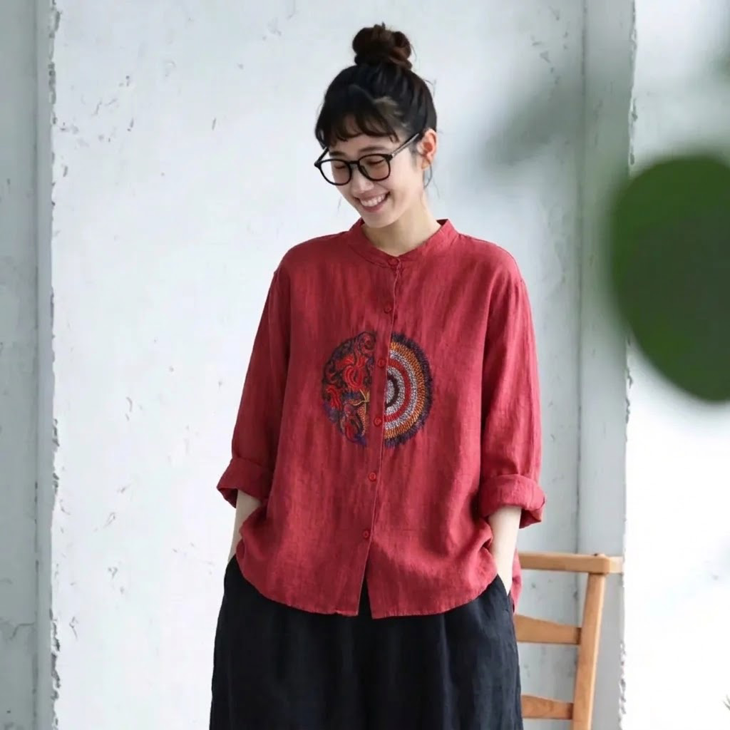 M-4XL 長袖 ノーマルスリーブ ボタン 刺繍 森ガール シャツ 4XL レッド