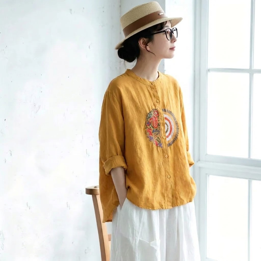 M-4XL 長袖 ノーマルスリーブ ボタン 刺繍 森ガール シャツ M グリーン