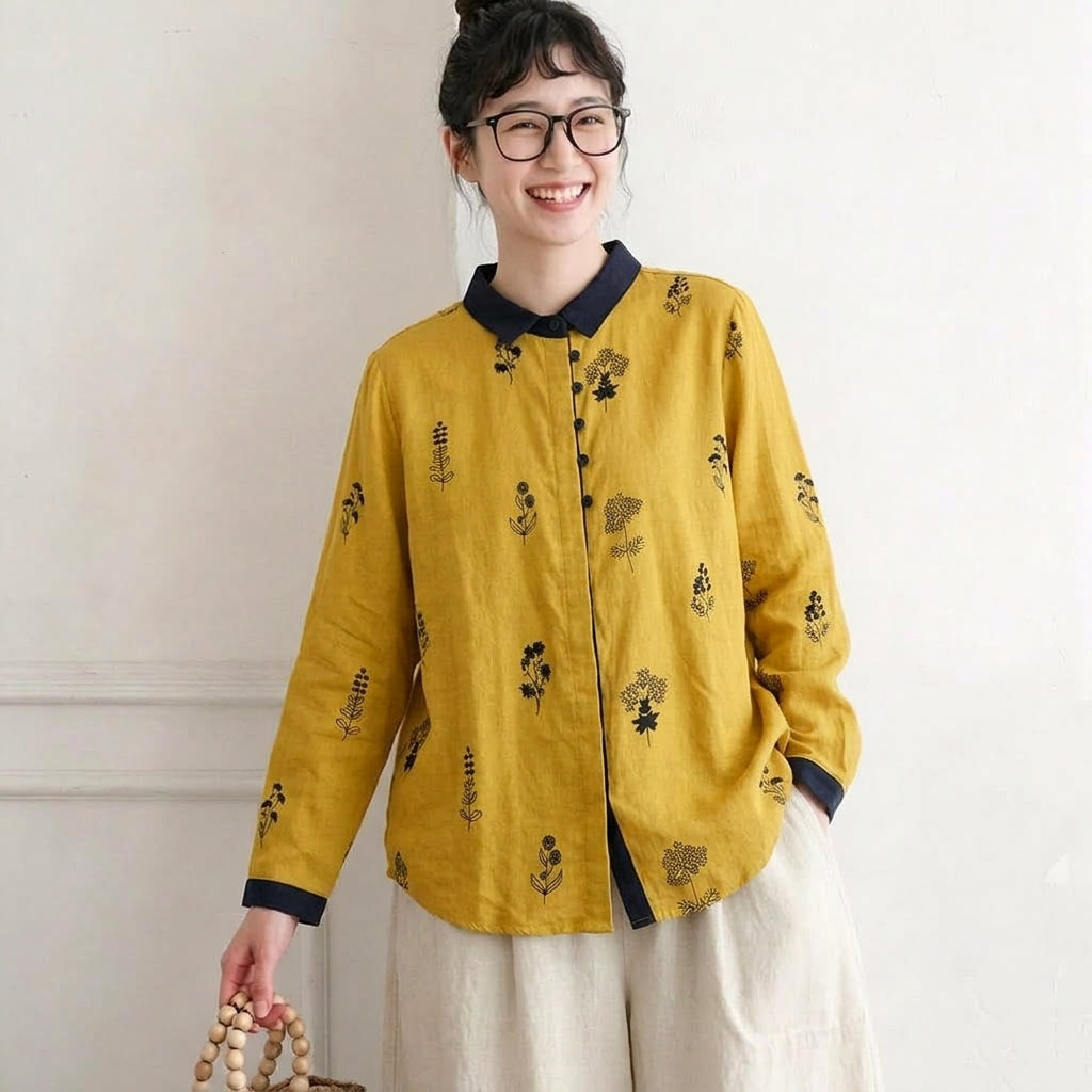M-L 柔らかな肌触りの花柄ダブルガーゼブラウス L イエロー