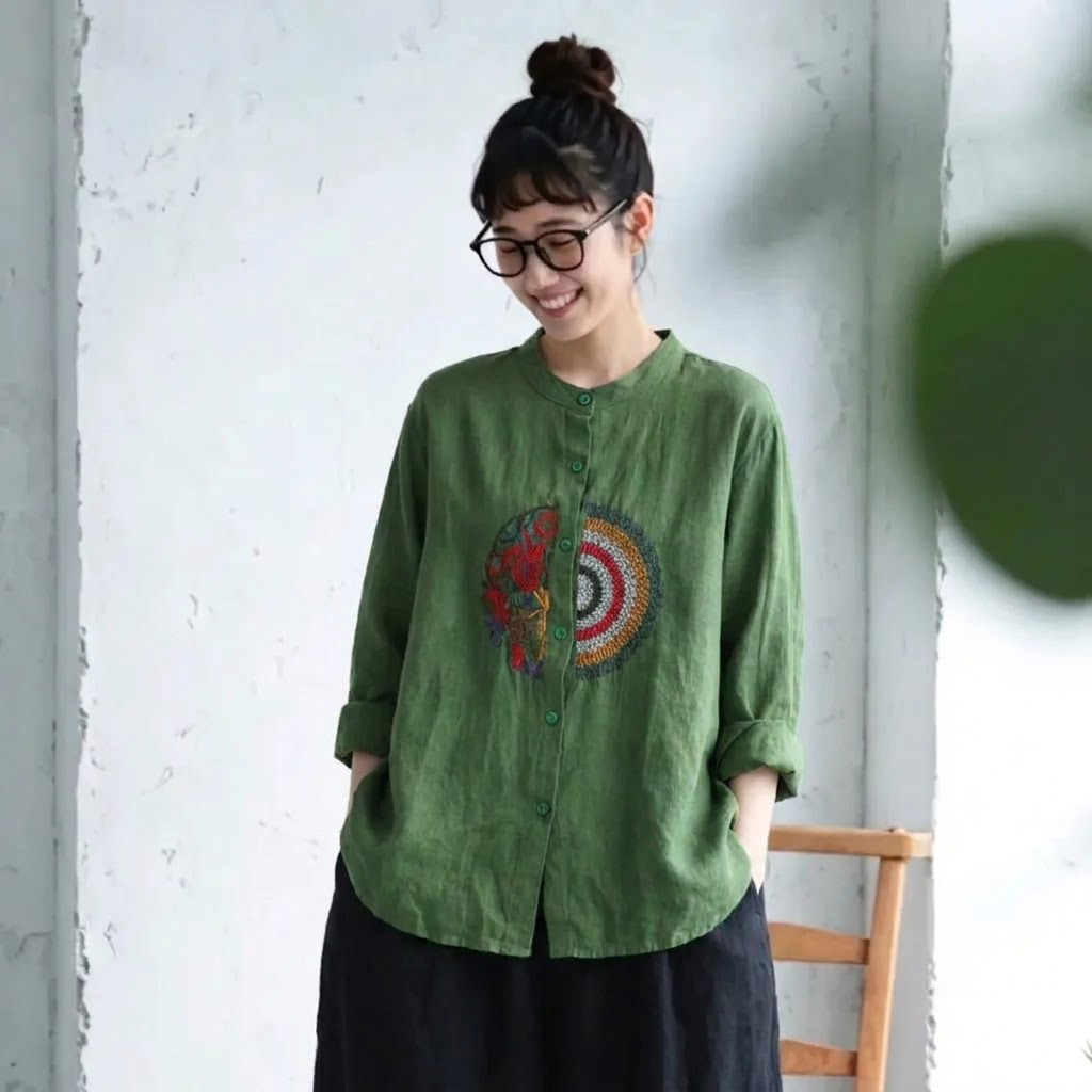 M-4XL 長袖 ノーマルスリーブ ボタン 刺繍 森ガール シャツ M グリーン