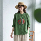 M-4XL 長袖 ノーマルスリーブ ボタン 刺繍 森ガール シャツ M グリーン