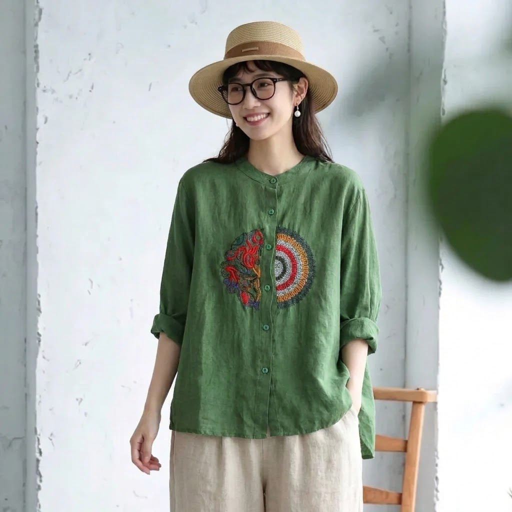 M-4XL 長袖 ノーマルスリーブ ボタン 刺繍 森ガール シャツ M グリーン