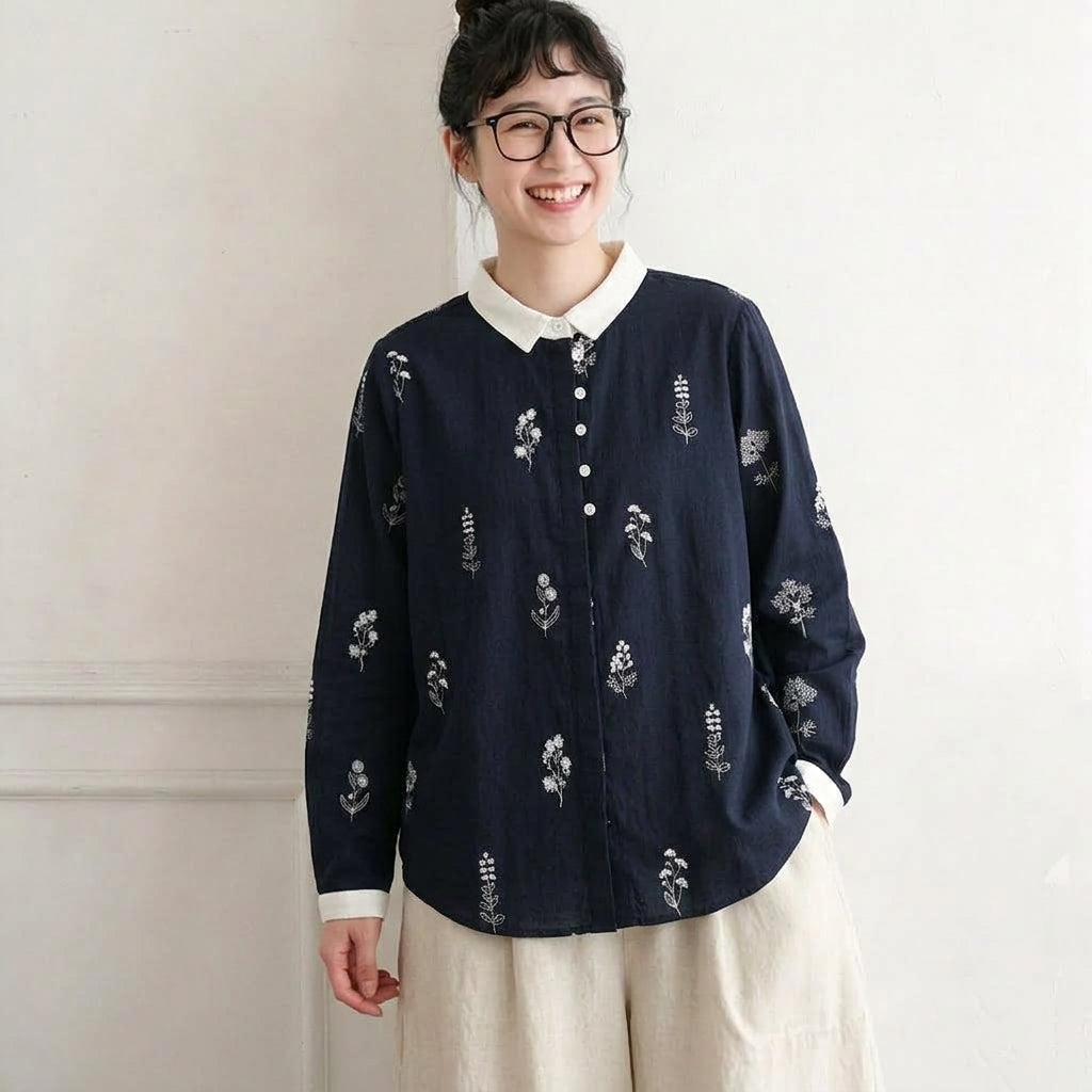 M-L 柔らかな肌触りの花柄ダブルガーゼブラウス M ホワイト