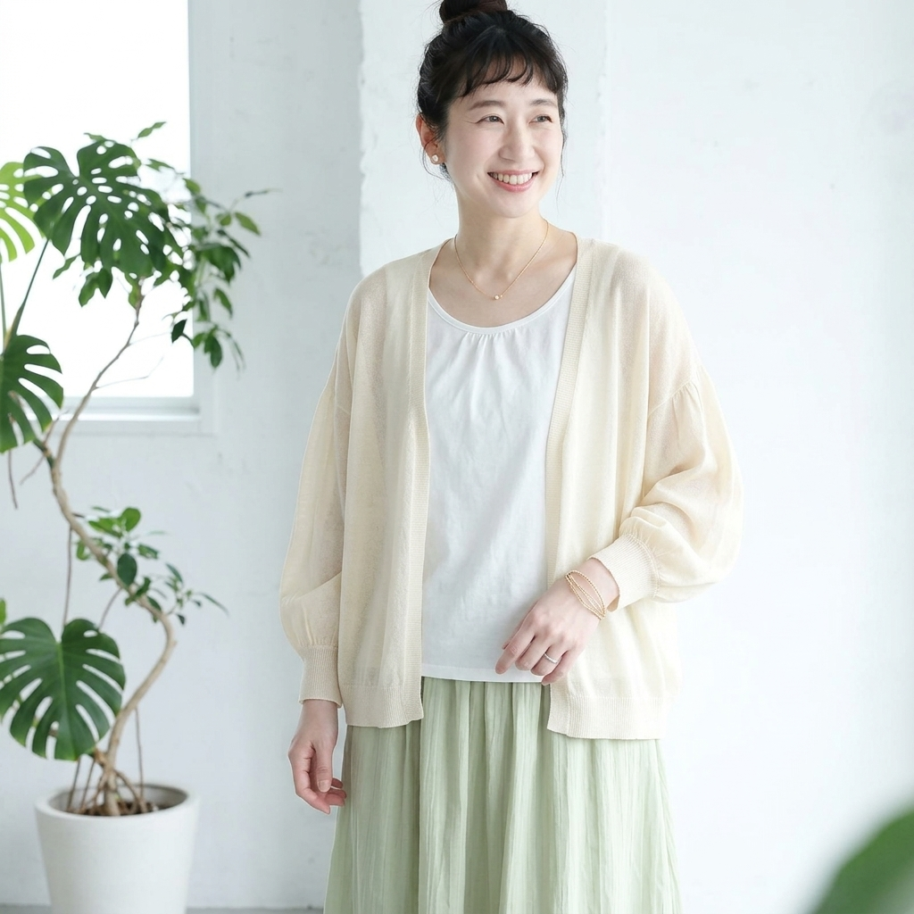 F 接触冷感パフスリーブカーデ｜オフィス通勤・冷房冷え対策に フリー アプリコット