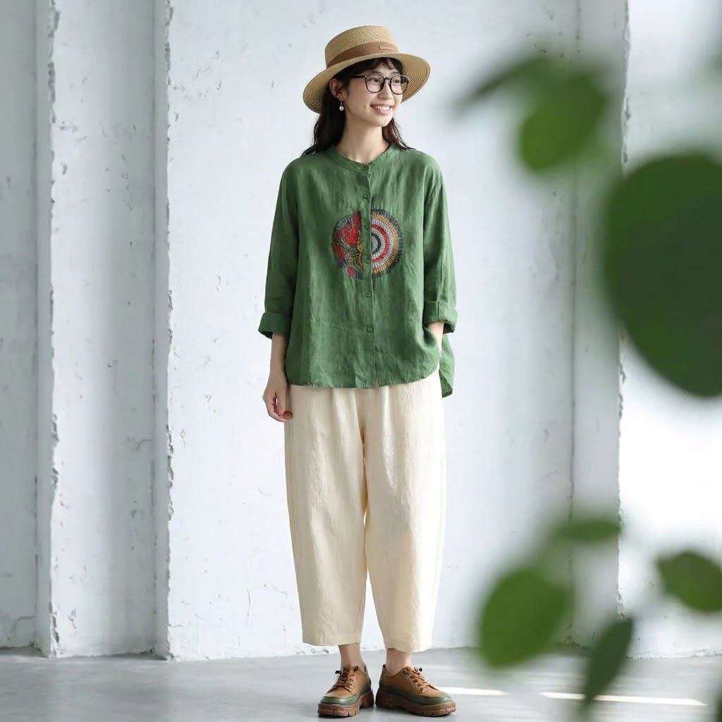 M-4XL 長袖 ノーマルスリーブ ボタン 刺繍 森ガール シャツ M グリーン