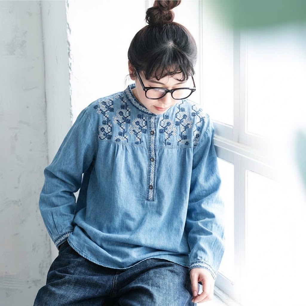 M-2XL コットン 花模様 ラウンドネック 刺繍 ノーマルスリーブ 長袖 シャツ 2XL ライトブルー