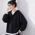 M-3XL 配色 長袖 重ね着風 シンプル パーカー/ジャージ 3XL ブラック