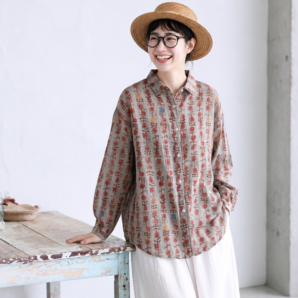 M-2XL 甘すぎない花柄 ちょうどいい綿麻ブラウス M 写真通り