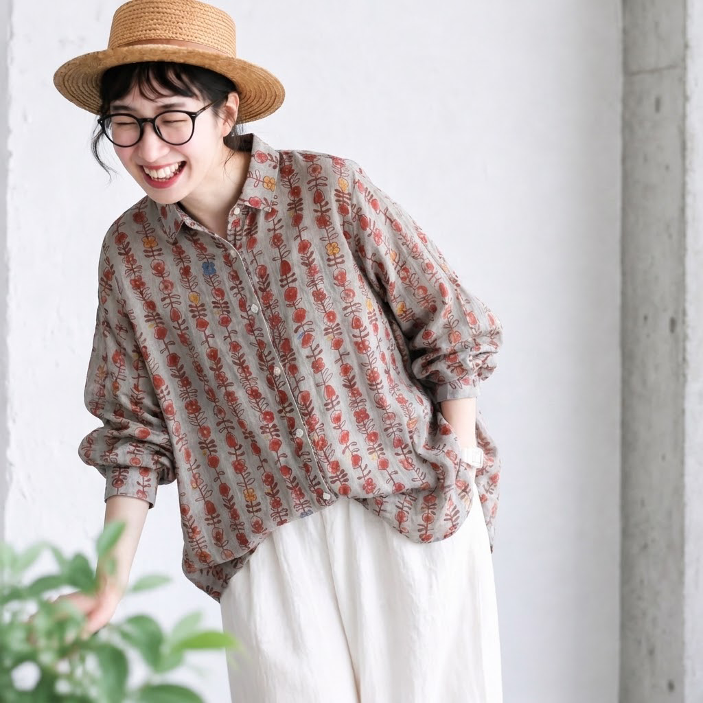 M-2XL 甘すぎない花柄 ちょうどいい綿麻ブラウス M 写真通り