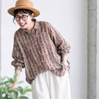 M-2XL 甘すぎない花柄 ちょうどいい綿麻ブラウス M 写真通り