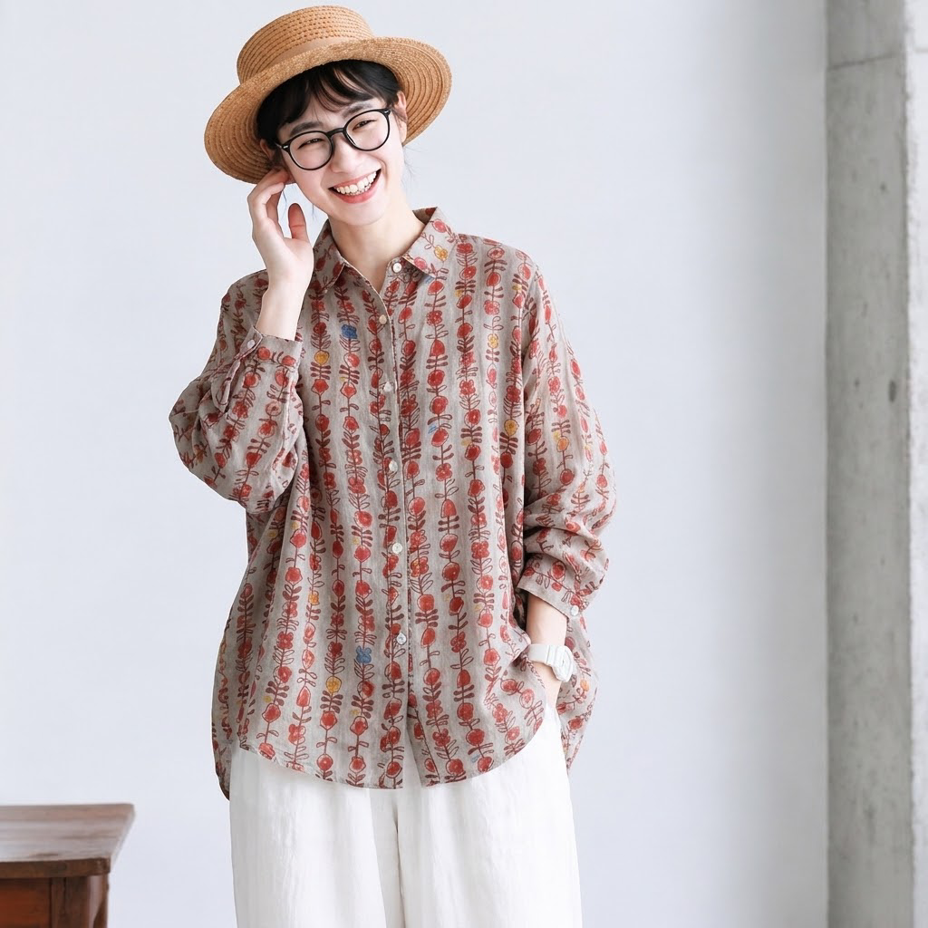 M-2XL 甘すぎない花柄 ちょうどいい綿麻ブラウス M 写真通り