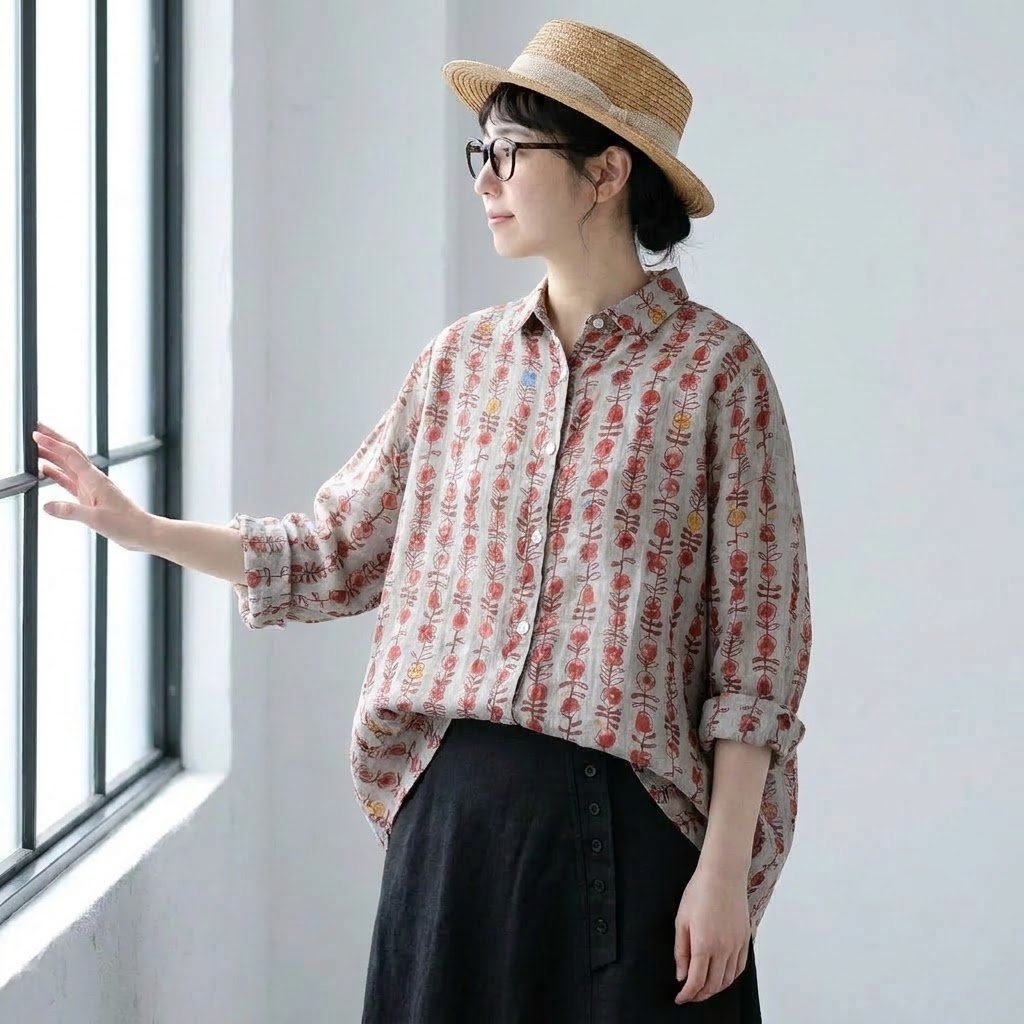 M-2XL 甘すぎない花柄 ちょうどいい綿麻ブラウス M 写真通り