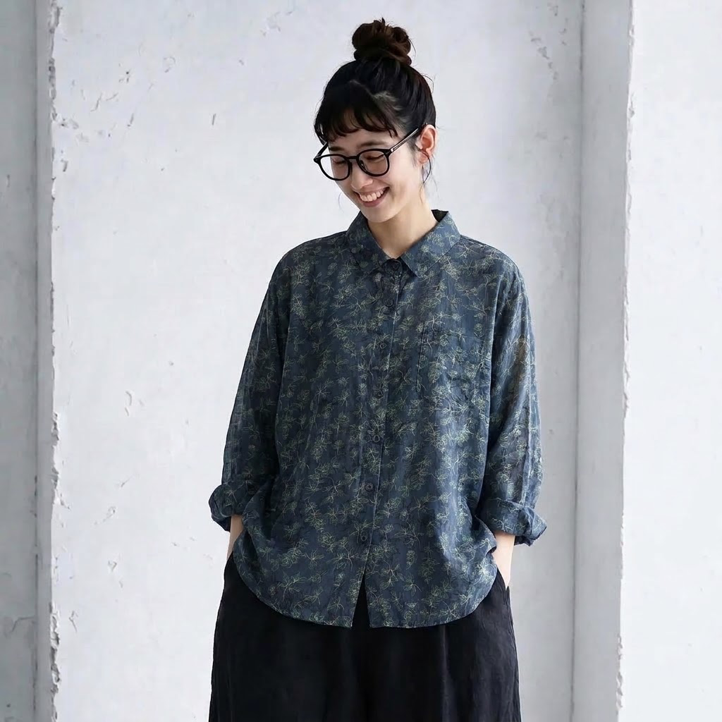 S-3XL 花柄 ノーマルスリーブ ボタン 森ガール シャツ S 写真通り