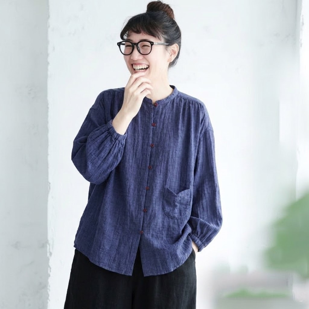 秋色が映える！M-2XL 長袖 落ち肩スリーブ 無地シャツ M ダークブルー