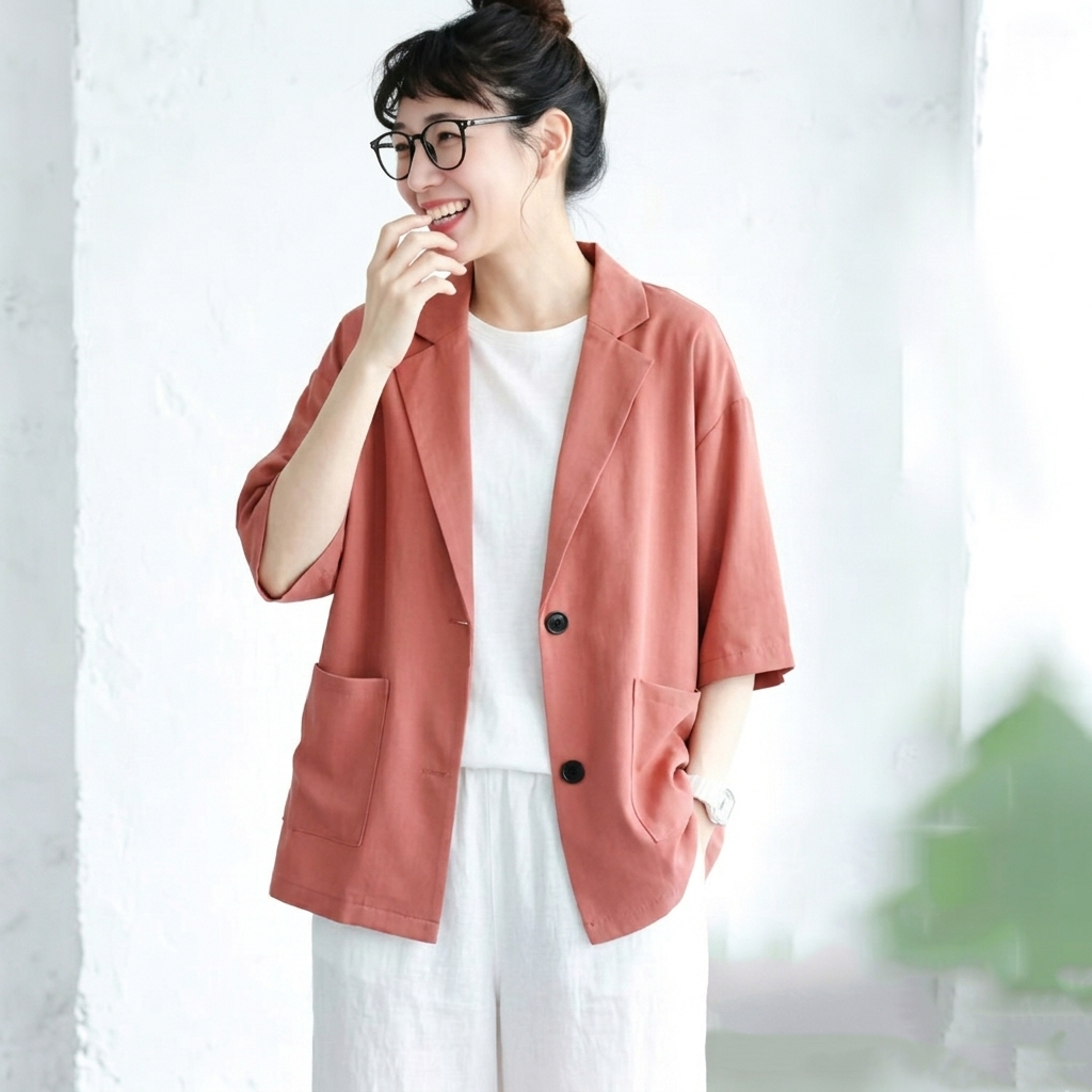 L-XL シフォン 夏でも涼しい 無地 七分袖 ノーマルスリーブ ボタン エレガント スーツジャケット L ブルー